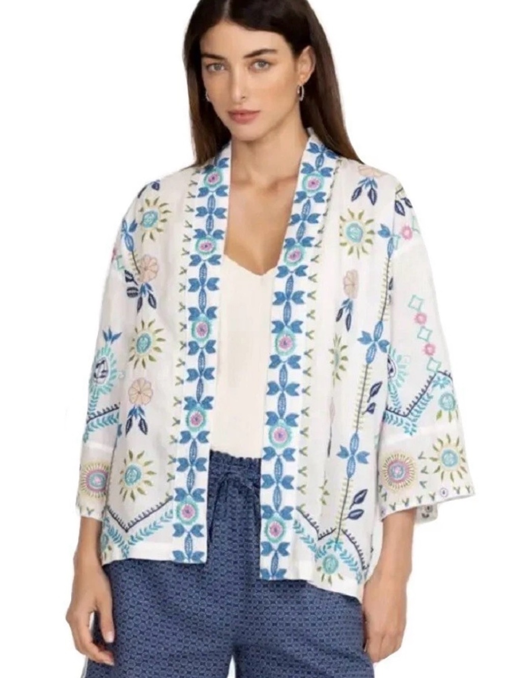 Johnny Was Oriel Cropped Linen Kimono Embroidered Floral Plus 3X $328